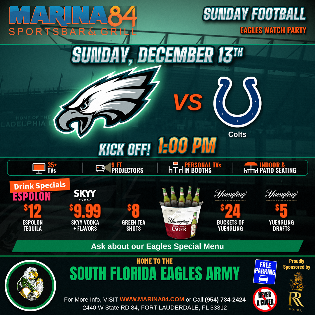 Eagles vs Colts watch party, Sunday December 13, kickoff 1:00 PM