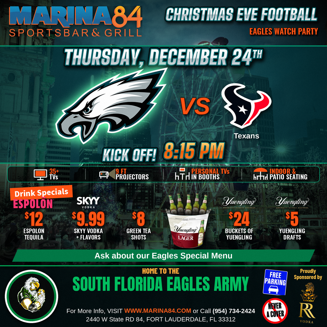 Christmas Eve Eagles vs Texans watch party, Thursday December 24, kickoff 8:15 PM