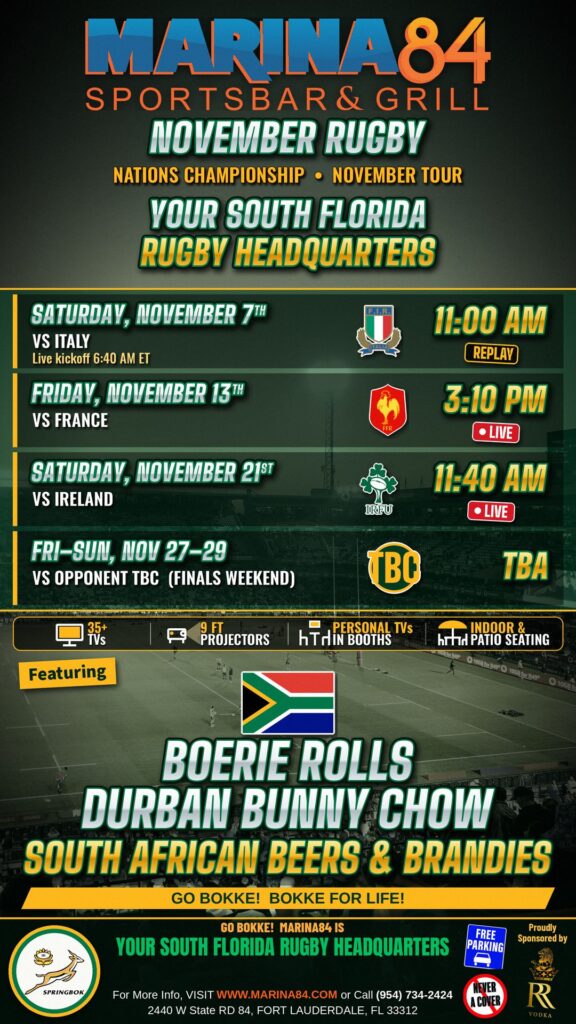November rugby lineup: Springboks vs Italy Nov 7 11 AM replay, vs France Nov 13 3:10 PM live, vs Ireland Nov 21 11:40 AM live, finals weekend Nov 27-29 TBA